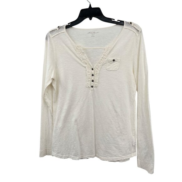 Eddie Bauer Tops - Eddie Bauer Cotton Henley Top Womens L Used Cream Button Trim Long Sleeve